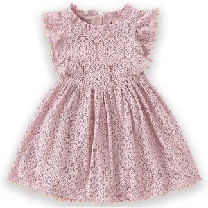 🆕Toddler Girls Pink Cotton Lace Floral Pompoms Elegant Retro Swing Party Dress